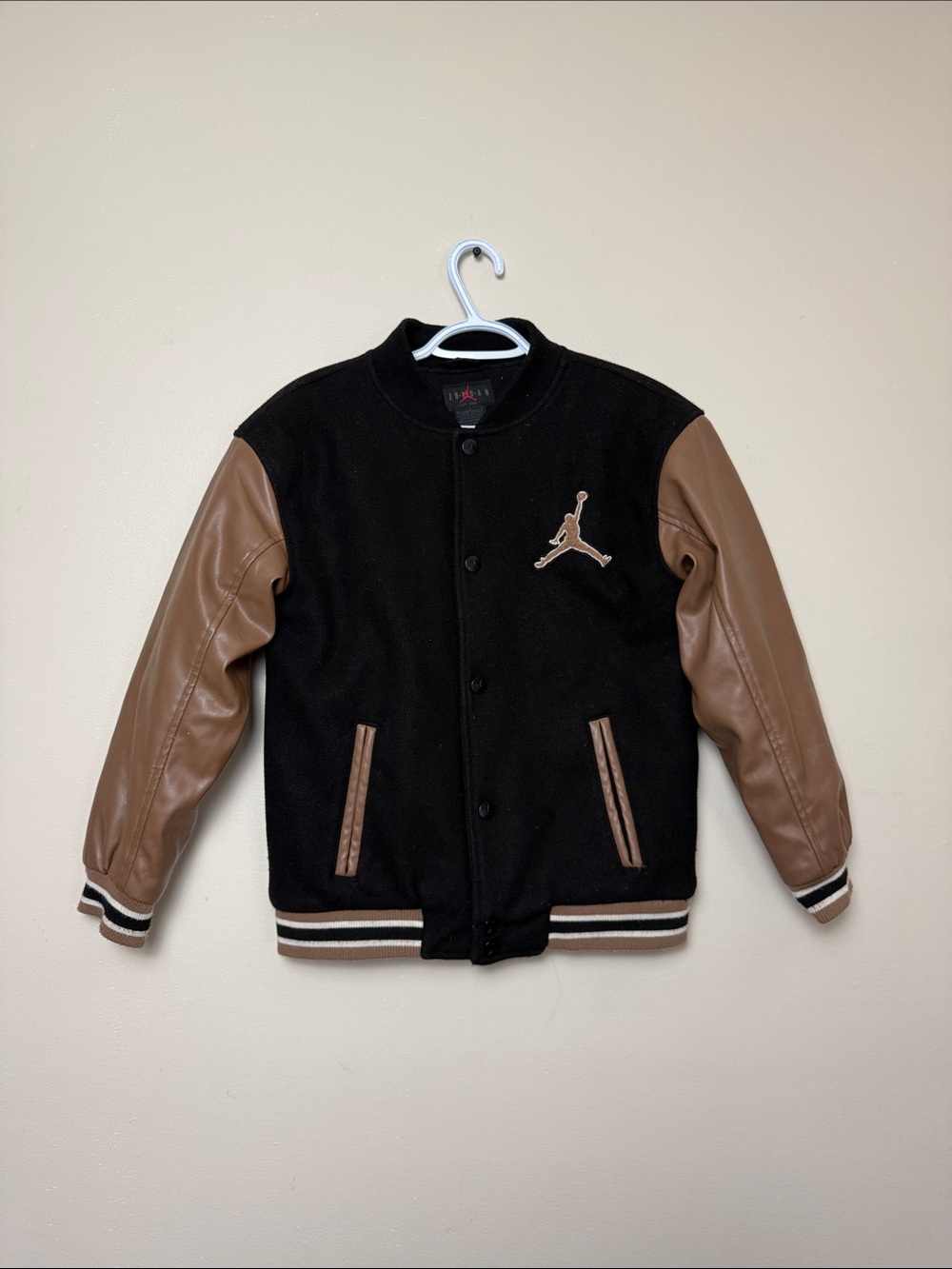 Jordan Black Wool Varsity Jacket with Brown Leather Sleeves size L (12-13)